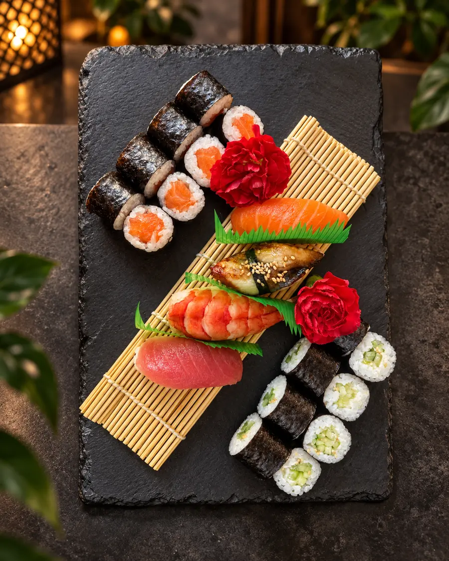 Sushi-Auswahl mit Maki, Nigiri und Sashimi